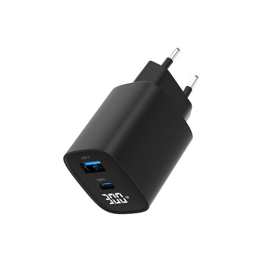 Gembird Зарядно без кабел с USB-A порт и USB-C порт 30W Power Delivery / Quick Charge 3.0 Черен (TA-UC-PDQC30LCD-BK-01)