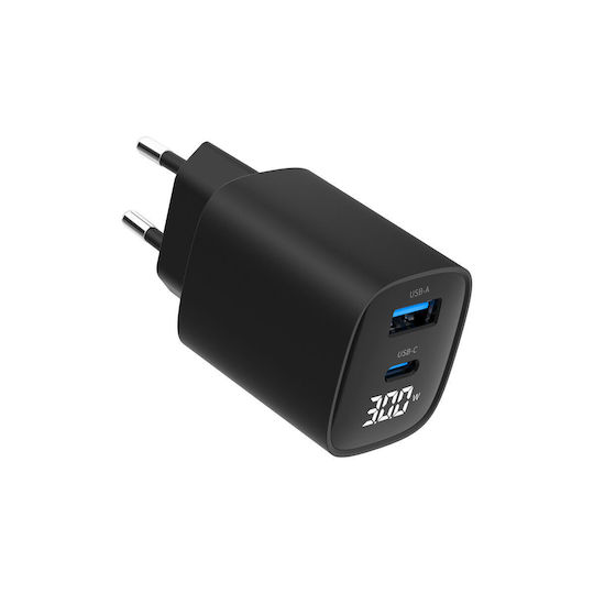 Gembird Зарядно без кабел с USB-A порт и USB-C порт 30W Power Delivery / Quick Charge 3.0 Черен (TA-UC-PDQC30LCD-BK-01)