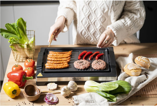 Adler Tabletop Electric Grill Smooth and Ribbed Plate 3000W with Adjustable Thermostat 33cmx33cmcm