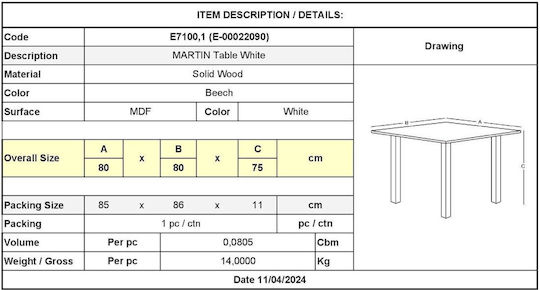 Martin Table Kitchen Wooden Natural, White 80x80x75cm