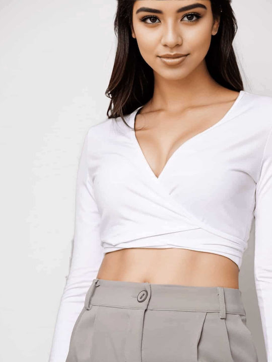 Damen Crop Top Langarm Weiß