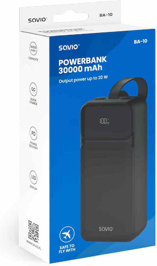 Savio BA-10 Power Bank 30000mAh με 2 Θύρες USB-A και 2 Θύρες USB-C Power Delivery / Quick Charge 3.0 Μαύρο