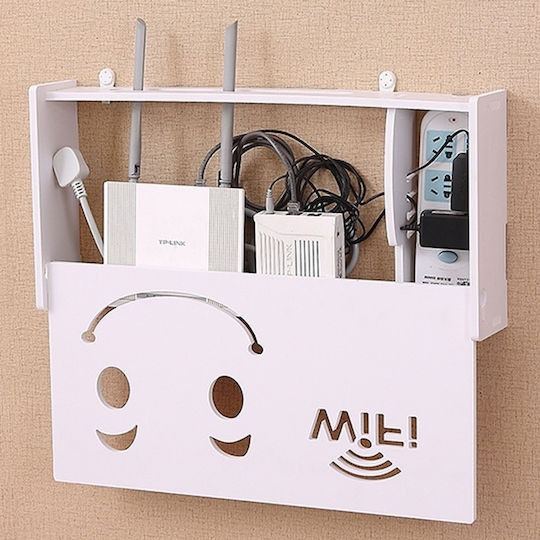 Raft Wi-Fi Router Montat pe Perete din Lemn pentru Ascunderea Echipamentelor și Cablor Lungime 25 cm Alb