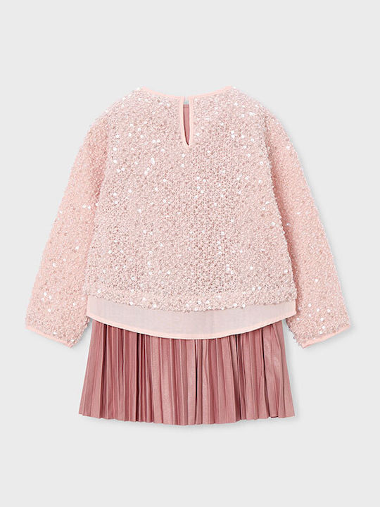 Children's Dress Long Sleeve with Sequins Set with Blouse Pink