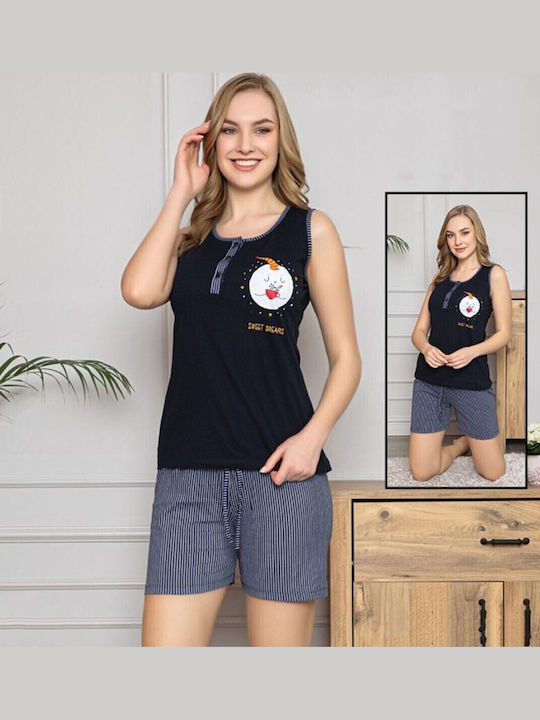 Mirano Homewear Καλοκαιρινό Γυναικείο Σετ Πιτζάμας Βαμβακερό Μπλε