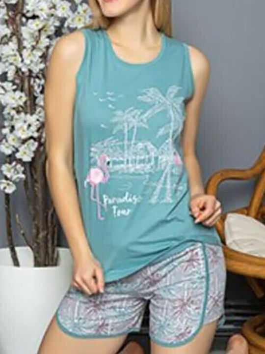 Mirano Homewear Καλοκαιρινό Γυναικείο Σετ Πιτζάμας Βαμβακερό Γαλάζια