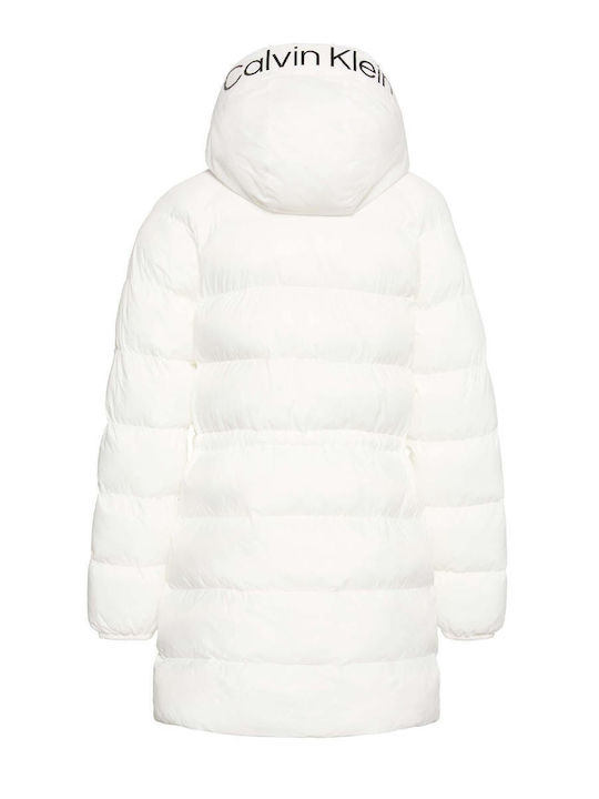 Women's Long Puffer Jacket for Winter with Hood White