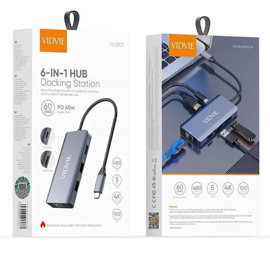 Vidvie USB-C Dockingstation mit HDMI 4K PowerDelivery Ethernet Silber