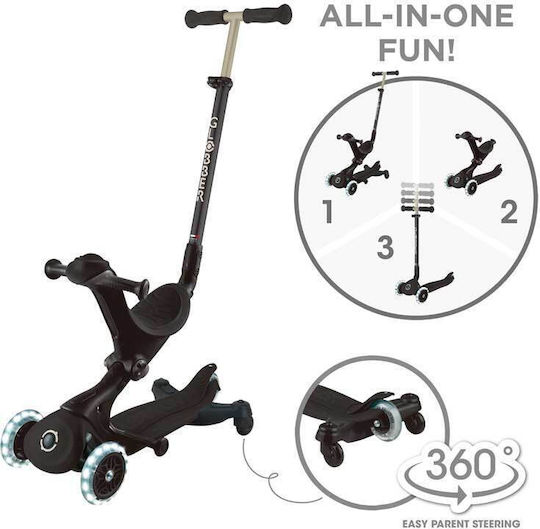 Globber Kids Scooter Foldable Globber Go Up Deluxe Lights 360° 3-Wheel with Seat for 15+ Months Black