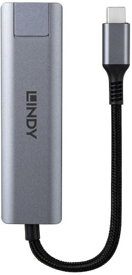 Lindy Hub USB 3 Porturi USB 3.2 cu Conectare USB-A Ethernet Gri