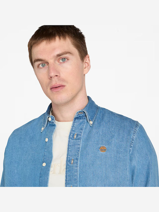 Long-sleeved Denim Shirt Checked Blue