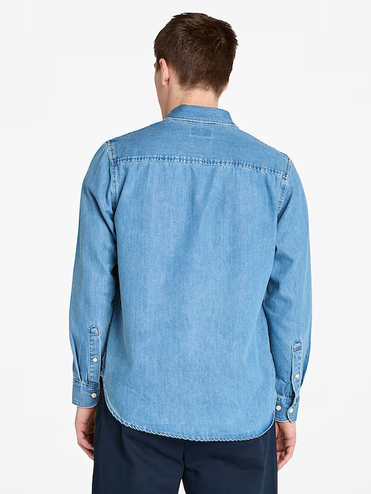 Long-sleeved Denim Shirt Checked Blue