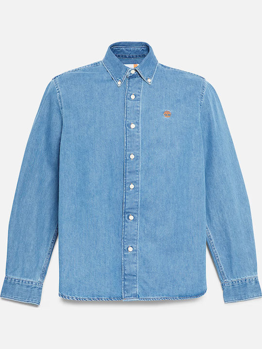 Long-sleeved Denim Shirt Checked Blue