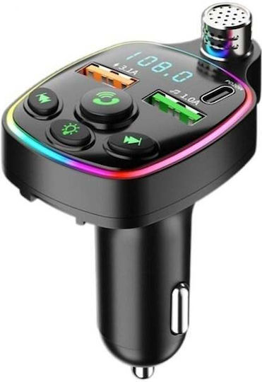 Modulator FM Auto Tip C Încărcător USB 3.1A pentru Mașină MicroSD Handsfree Microfon Bluetooth Afișaj Voltaj Baterie Lumină LED Negru