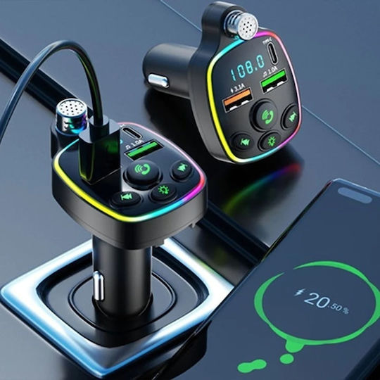Modulator FM Auto Tip C Încărcător USB 3.1A pentru Mașină MicroSD Handsfree Microfon Bluetooth Afișaj Voltaj Baterie Lumină LED Negru