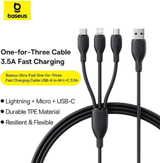 Baseus Fast USB to micro USB / Lightning / Type-C 1.3m 3.5A Cable (P10376303121-00)