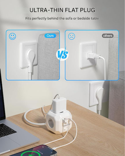 Extension Cord PowerCube 4 Позиции с USB-A, USB-C, Превключвател и Кабел 2м