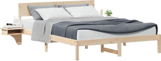 Double Bed Made of Solid Brown Wood with Slats for Mattress 160x200cm