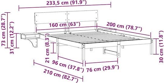Double Bed Made of Solid Brown Wood with Slats for Mattress 160x200cm