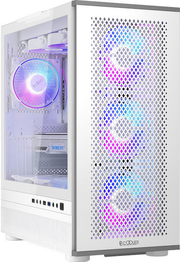 PCCOOLER ME200 Mesh Gaming Midi-Turm Computergehäuse mit Seitenfenster und ARGB-Beleuchtung Weiß