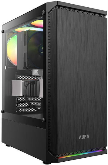 Aura GC8 Геймърско бюро Midi Tower Компютърна кутия със страничен прозорец и ARGB осветление Черен