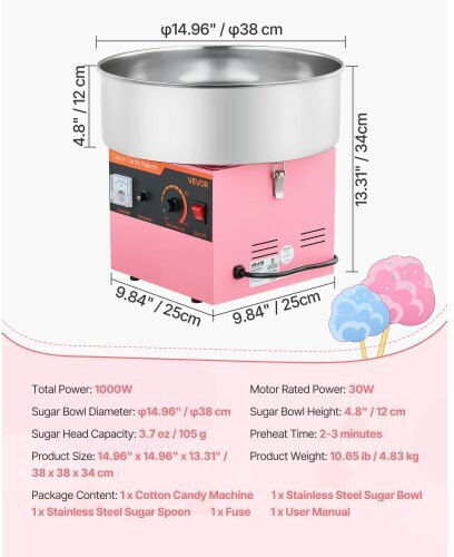 Vevor Commercial Cotton Candy Machine 1000W 38x3500cm
