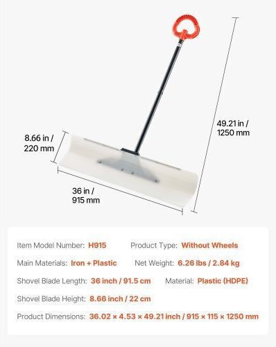Vevor Plastic Snow Pusher Shovel 36in Heavy Duty Winter Snow Plow Driveway