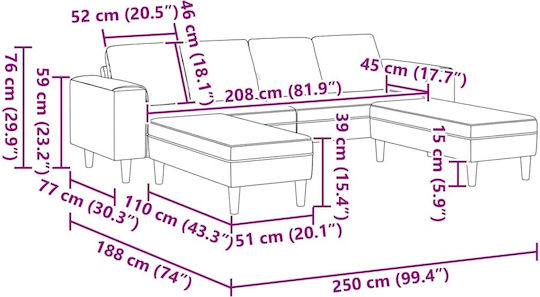 Ecksofa Samt Rot Orange mit Dekokissen 250x188x76cm