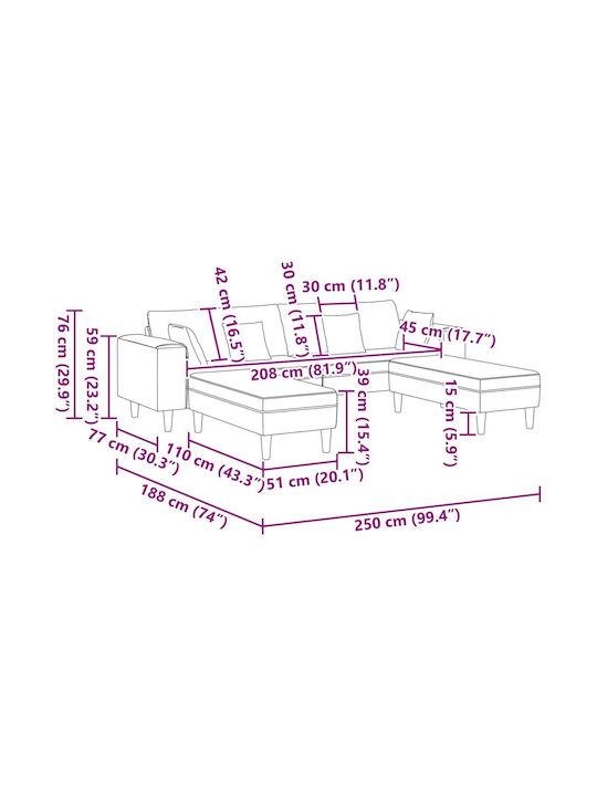 Ъглов Диван Червен с Декоративни Възглавници 250x188x76см