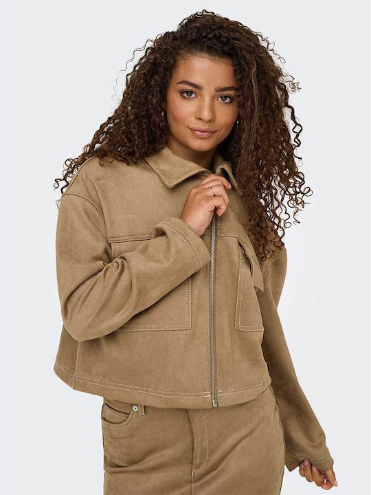 Short Suede Women's Jacket for Spring Autumn Brown