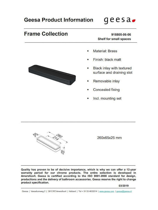 Geesa Frame Wall Mounted Bathroom Shelf Metallic 26x6.5x2.5cm Black Matt Black