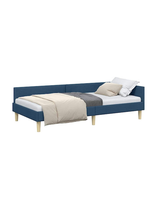 Pat Single Tapițat cu Material Albastru cu Plăci pentru Saltea 90x190cm