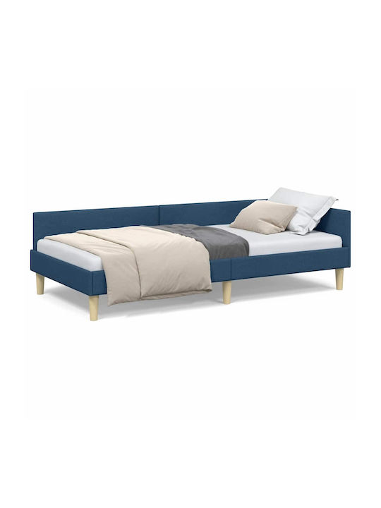 Pat Single Tapițat cu Material Albastru cu Plăci pentru Saltea 90x190cm
