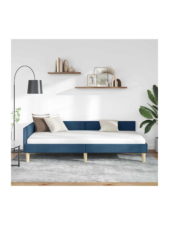 Pat Single Tapițat cu Material Albastru cu Plăci pentru Saltea 90x190cm