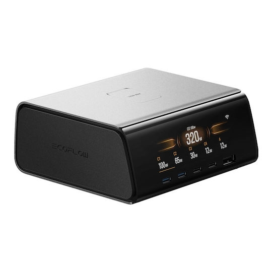 EcoFlow База За Зареждане GaN С USB-A Порт И 4 USB-C Порта 320W Power Delivery В Черен Цвят (RAPID Pro)