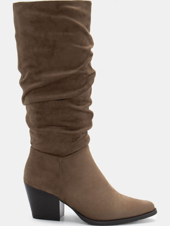 Suede Medium Heel Cowboy Boots with Zipper Green