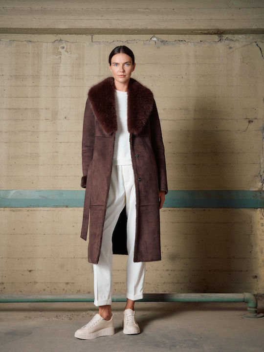 Damen Brown Mantel mit Fellbesatz