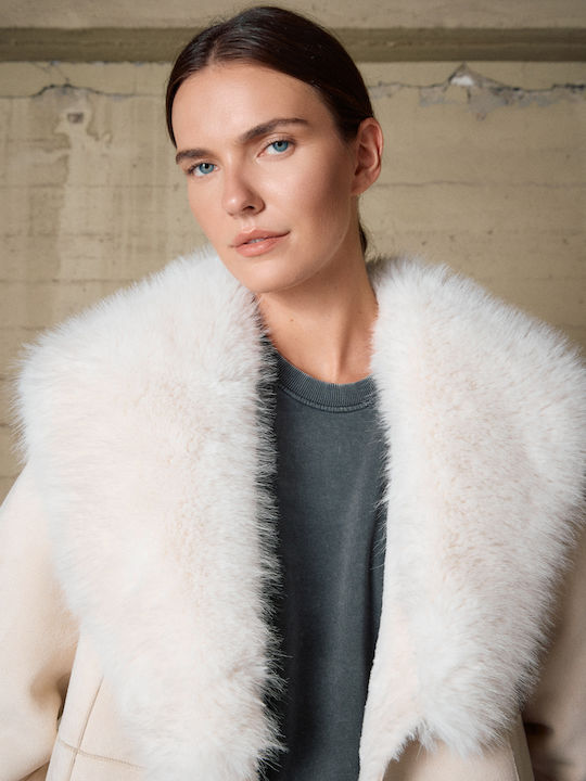 Damen Lt Beige Mantel mit Fellbesatz