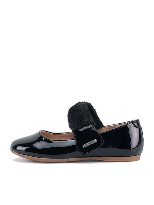 Kids Leather Ballerinas with Hoop & Loop Closure Black