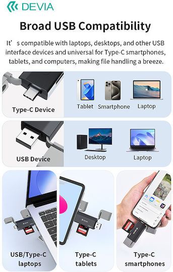 Hub Usb A + Usb C To Sd Tf Devia El239 2 1 Card Reader Smart Μαύρο Devia