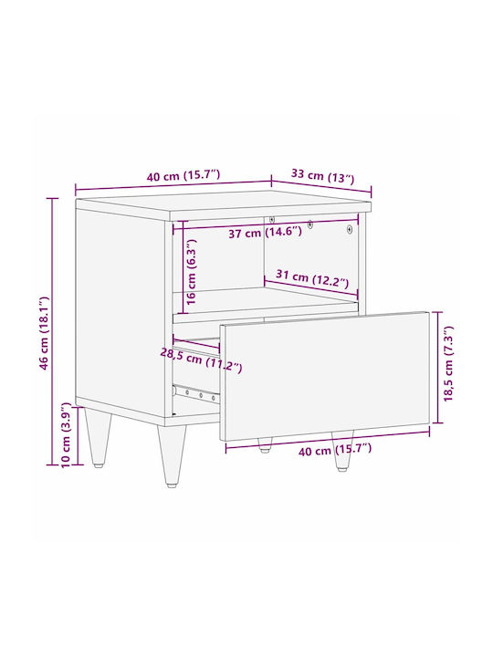 Bedside Table Made of Solid Mango Wood 40x33x46cm