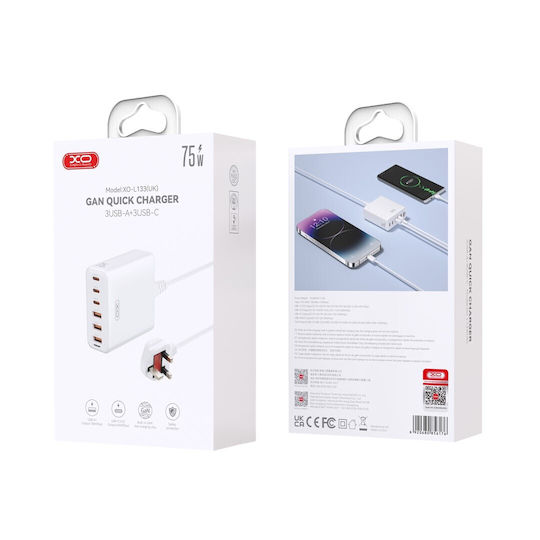 XO Βάση Φόρτισης GaN με 3 Θύρες USB-A και 3 Θύρες USB-C 75W σε Λευκό χρώμα (L133(UK))
