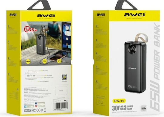 Awei PA-34 Power Bank 30000mAh 65W с 2 USB-A порта и USB-C порт Черен