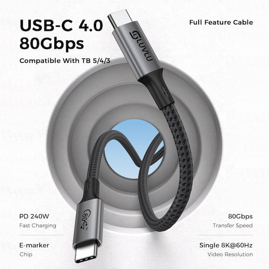 Luvlu Braided / Regular USB 4 Video Cable USB-C male - USB-C 240W Μαύρο 1m