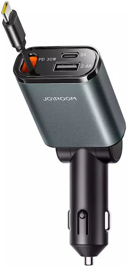 Joyroom JR-CCL07 Auto-Ladegerät 30W 4A Schnellladung mit Anschlüssen: 1xUSB 1xType-C mit Kabel Typ-C,TC-TC Gray Farbe