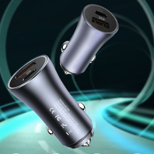 Techsuit Auto-Ladegerät 18W Schnellladung mit Anschlüssen: 1xUSB 1xType-C Gray Farbe