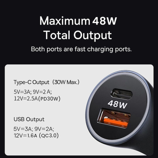 Techsuit Auto-Ladegerät 18W Schnellladung mit Anschlüssen: 1xUSB 1xType-C Gray Farbe