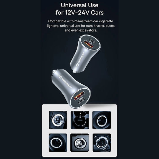 Techsuit Auto-Ladegerät 18W Schnellladung mit Anschlüssen: 1xUSB 1xType-C Gray Farbe