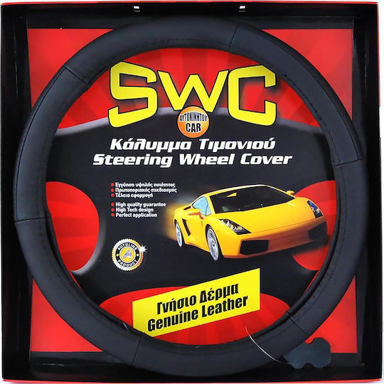 Autoline Car Steering Wheel Cover with Diameter 38cm Leather Black with Black Stitching