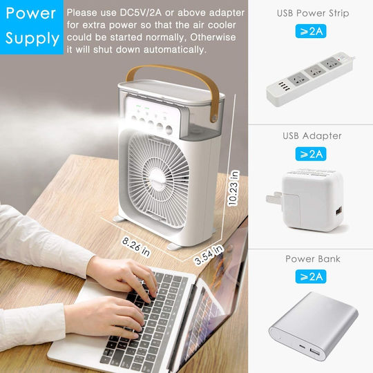 Ventilator 5 În 1 Purificare Aer Umidificare Odorizare Rezervor Apă 600 Ml Timer 3 Niveluri Viteză 3 Niveluri Pulverizare Conexiune USB Picioare Antiderapante 22,5 X 15 X 7 Cm Alb
